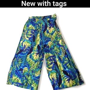 Bonnie & Norma Feathered Peacock Print Wide Leg CROPPED Pants Size 10 New W/Tags